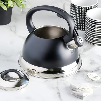 Mr. Coffee Flintshire 1.75-Quart Stainless Steel Whistling Tea Kettle with Nylon Handle – Matte Black Stove-Top Kettle for Boiling Water