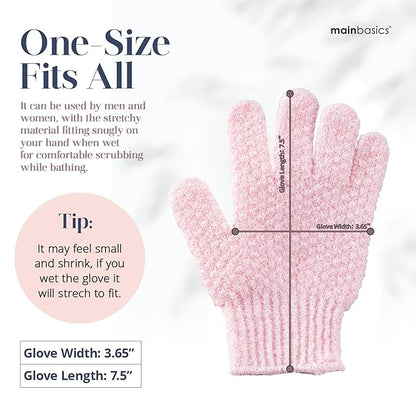 MainBasics Deep Cleansing Exfoliating Bath Gloves - Heavy-Textured Nylon Shower Scrub for Dead Skin Removal - Machine Washable with Hanging Loop (1 Pair, Soft Pink)