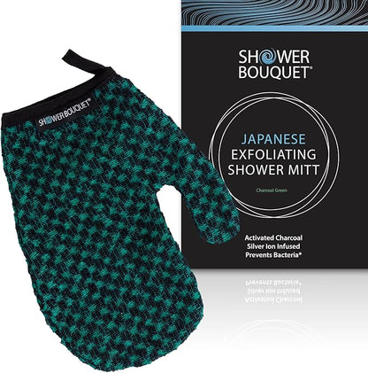 Japanese Exfoliating Mitt for Shower [Green] - Charcoal & Silver Ion Exfoliating Glove - Gentle Exfoliation & Deep Cleansing Shower Mitt - Exfoliating Body Scrubber Glove, Soft Fabric Inside