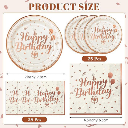 NatNarr 50 Pcs Happy Birthday Plates and Napkins Set, 7 Inch Pin Rose Gold