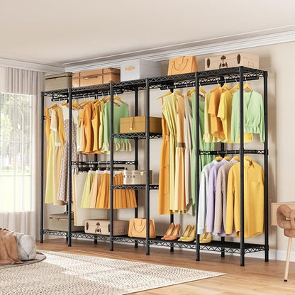 L Shaped Heavy Duty Metal Clothes Rack for Hanging Clothes,Freestanding Garment Rack Closet Wardrobe Rack Clothing Rack with 4 Hanging Rods & 1 Side Hook,50"Lx 50"Wx 76.4"H,Max Load 1100LBS