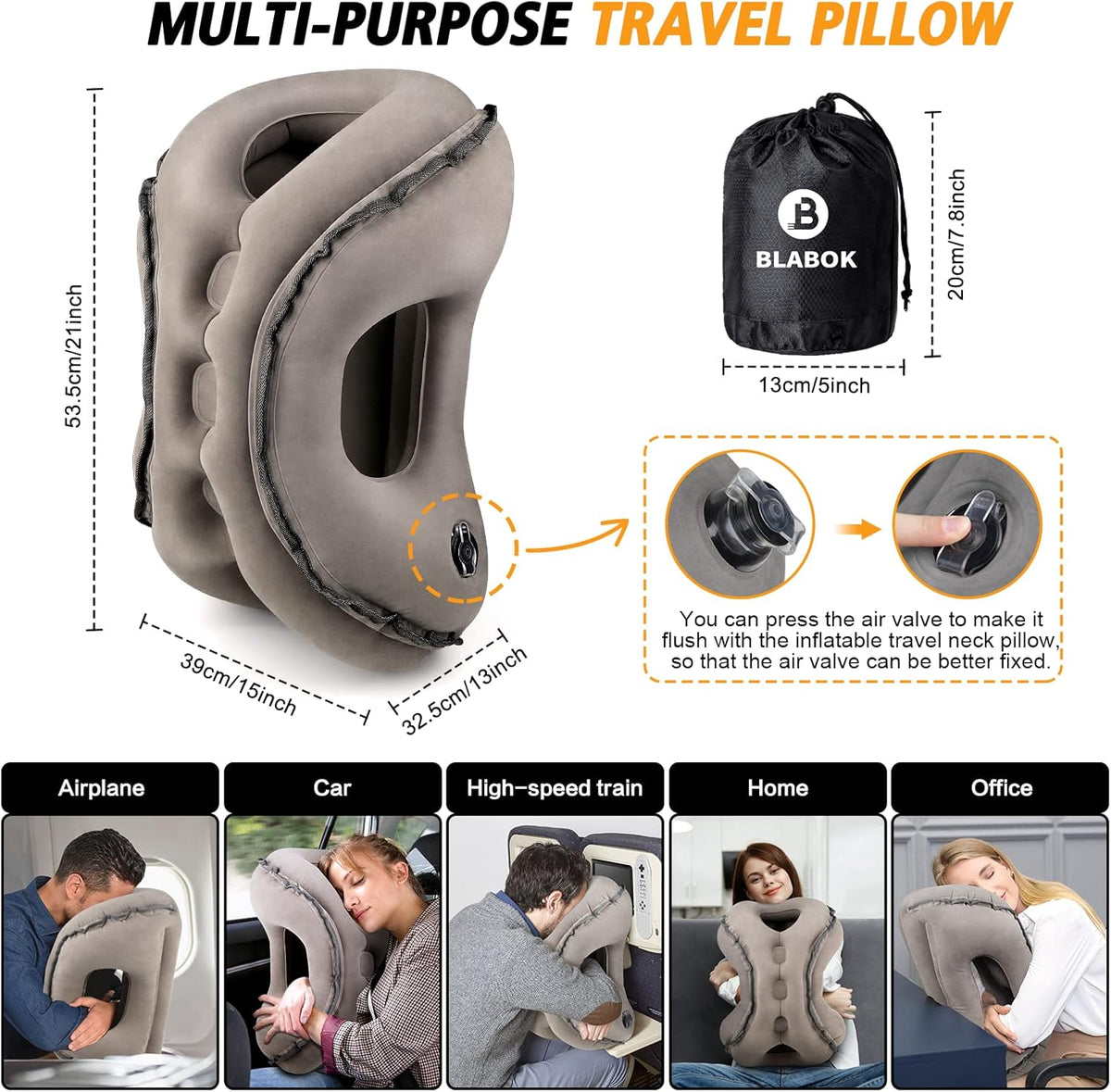 Inflatable Travel Pillow,Multifunction Travel Neck Pillow for Airplane to Avoid Neck and Shoulder Pain,Support Head,Neck,Used for Sleeping Rest, Airplane and Home Use,with Eye Mask, Earplugs,Gray