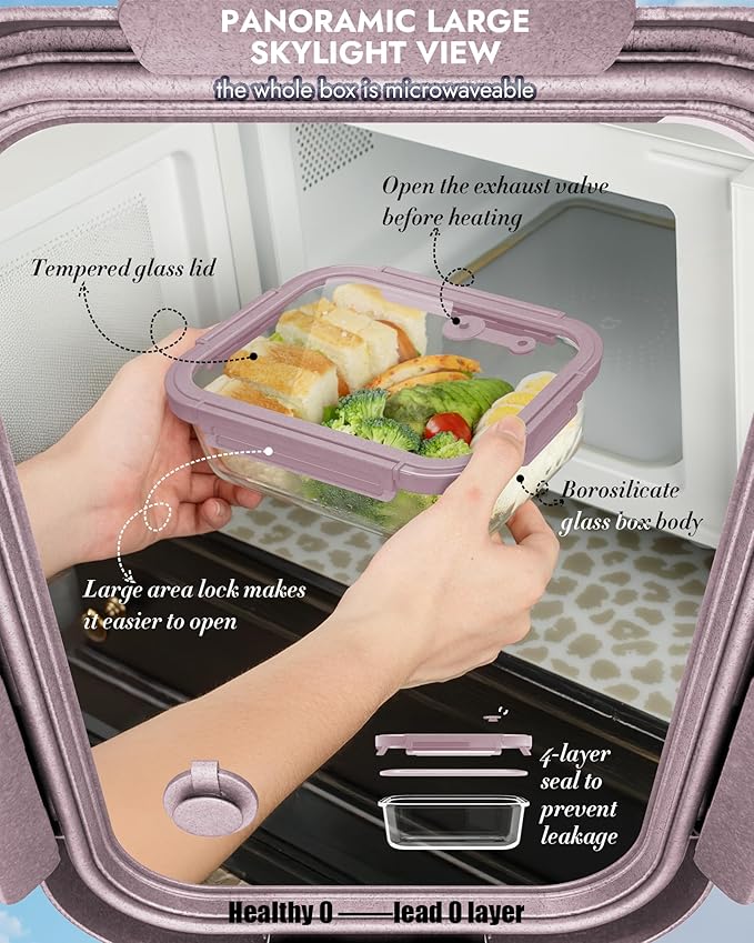 12-Pack Glass Containers with Tempered Lids – Borosilicate, Oven-Safe, Airtight, BPA-Free, Multi-Size for Meal Prep, Dishwasher Safe (Pink)