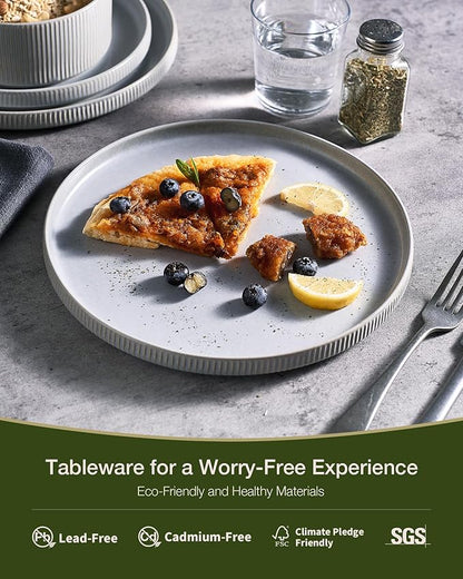 Famiware Star Dinnerware Set, Plates and Bowls Sets for 4 (12pcs), Ribbed Stoneware Dishes - Chip & Scratch Resistant, Microwave & Dishwasher Safe, Matte Gray