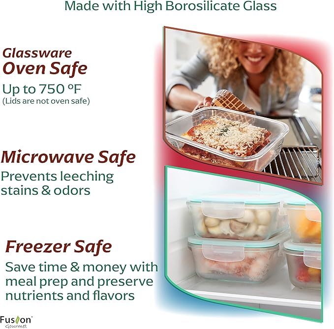 Fusion Gourmet Large Glass Food Storage Containers with Lids [5 Pack, 72 oz, 9 Cup], Airtight, Leakproof, Microwave and Oven Safe Borosilicate Glass
