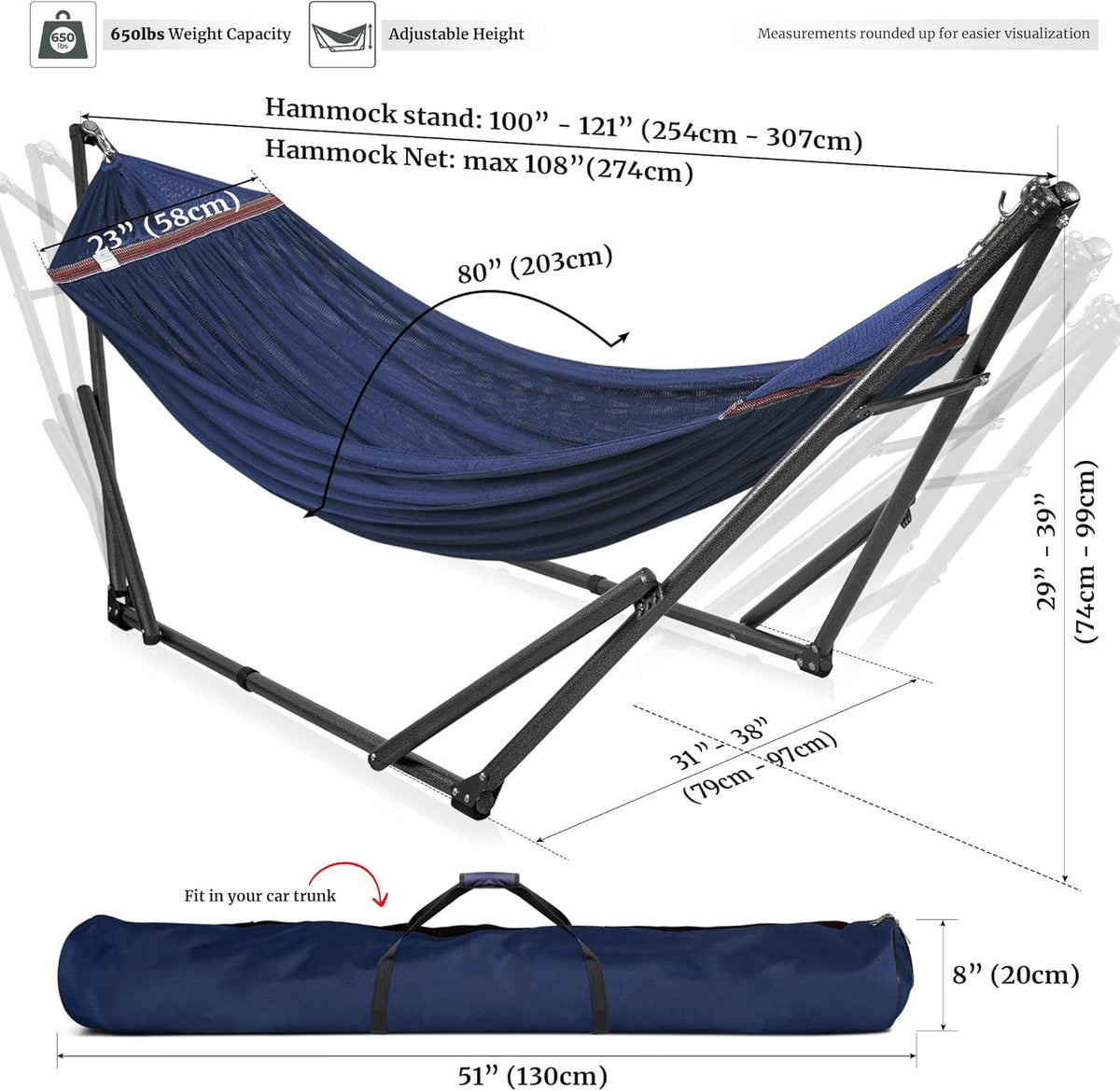 Tranquillo Universal Double Hammock with Stand Included for 2 Persons/Foldable Hammock Stand 600 lbs Capacity Portable Case - Inhouse, Outdoor, Camping, Aegean