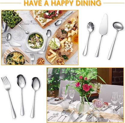 Patelai Serving Utensils Set Include Stainless Steel Large Spoons Slotted Spoons Forks Tongs Soup Ladle and Pie Server for Parties Buffet Catering, Dishwasher Safe(Silver,7 Pieces)