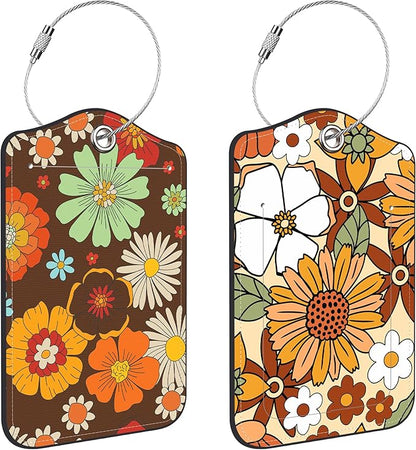70s Retro Floral Luggage Tags for Suitcases Leather Travel Tags for Luggage ID Label with Privacy Cover and Stainless Steel Loop for Men Women Suitcase Backpack, Set of 2