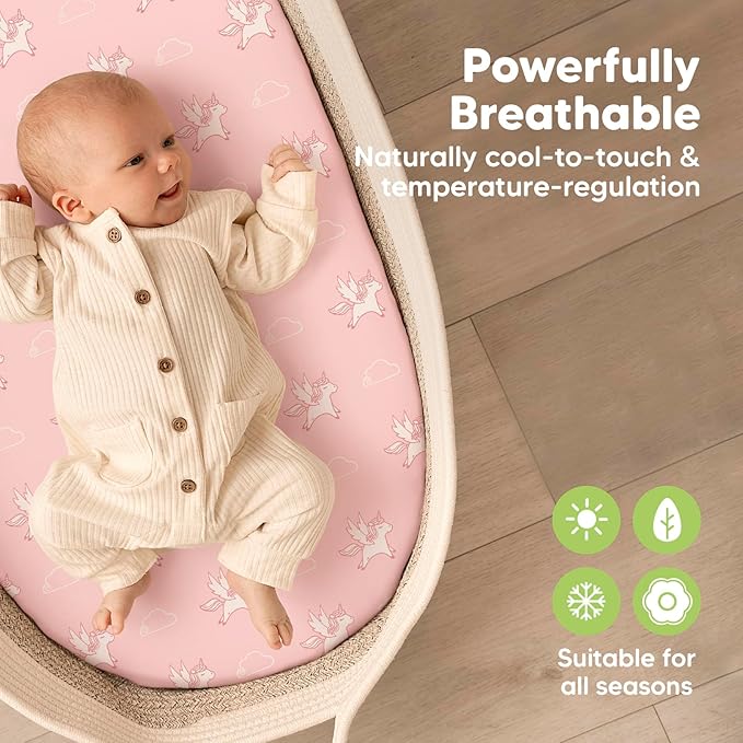 2-Pack Baby Bassinet Sheets Girl, Boy - 33x17 Viscose Derived from Bamboo Bedside Mattress Fitted Bassinet Sheets, Compatible with Halo Bassinest Swivel Sleeper, Baby Delight, Graco(Dreamland)