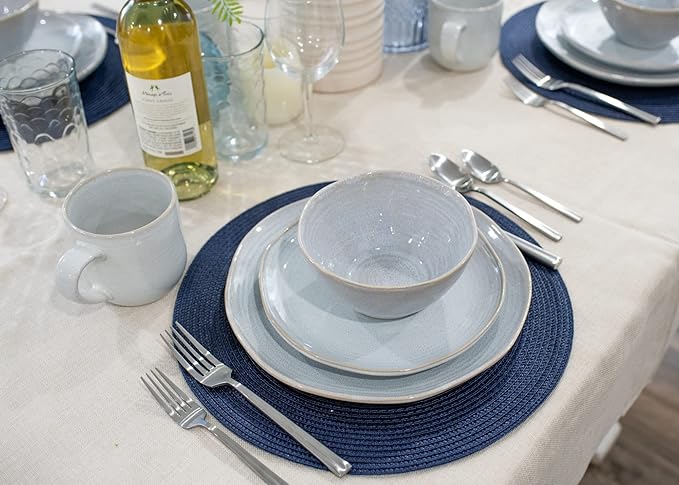 Elanze Designs Reactive Glaze Farmhouse Rustic Boho Ceramic Stoneware Dinnerware 16 Piece Plate Bowl Mug Dish Set - Service for 4, Pale Grey