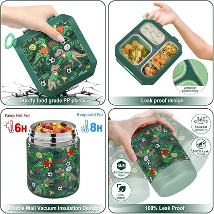 Bento Lunch Box for Kids with 12oz Soup Thermo Leak-Proof Lunch Food Container with 5 Compartment Thermo Hot Food Jar and Insulated Lunch Bag for Kid Toddler Girls Boys to School
