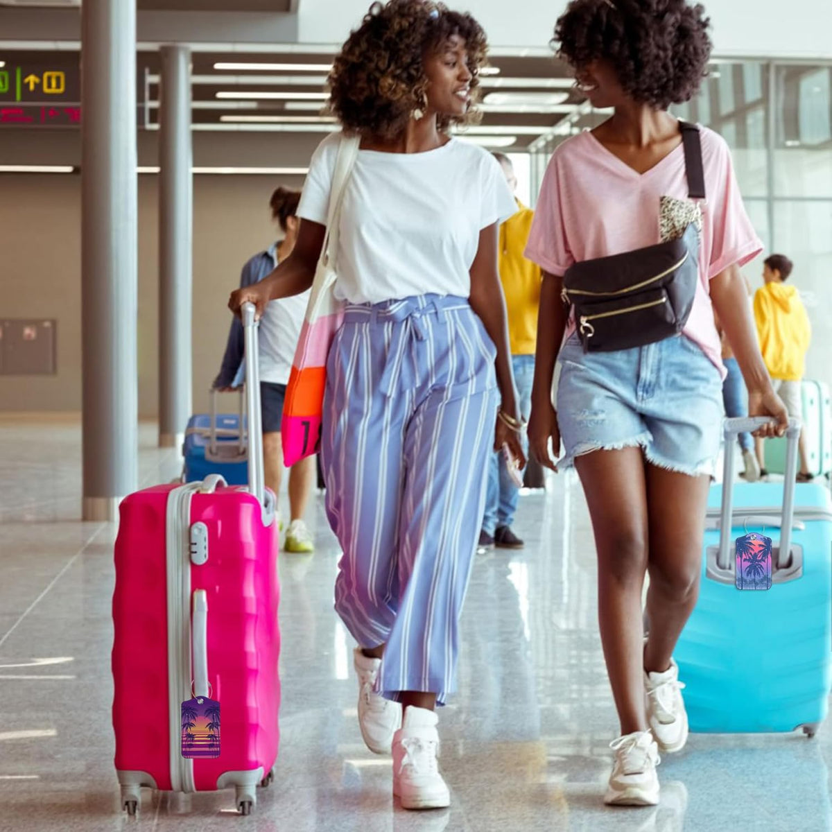 2 Pack Luggage Tag for Suitcase Sunset with Palm Trees Leather Suitcase Tags with Privacy Name ID Label and Stainless Steel Loop for Travel Bag