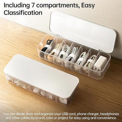 2 Pcs Cable Organizer Storage Box with 14 Wire Ties,Desktop Cable Management Box with Lid,Power Cord Organizer for Office,Home,Desk Accessories Storage Stationery Supplies White