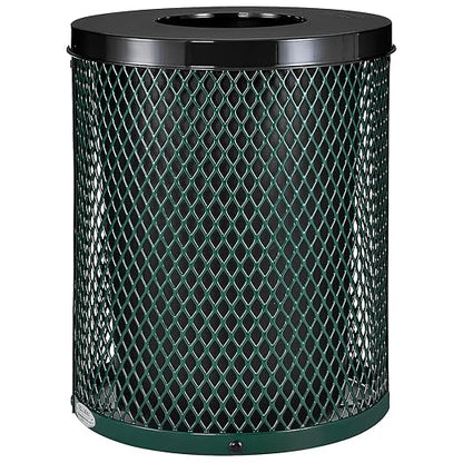 Global Industrial Outdoor Diamond Steel Trash Can with Flat Lid and Plastic Liner, 36 Gallon Capacity, Green, Thermoplastic Coating, 23-1/2" Diameter, 30" H