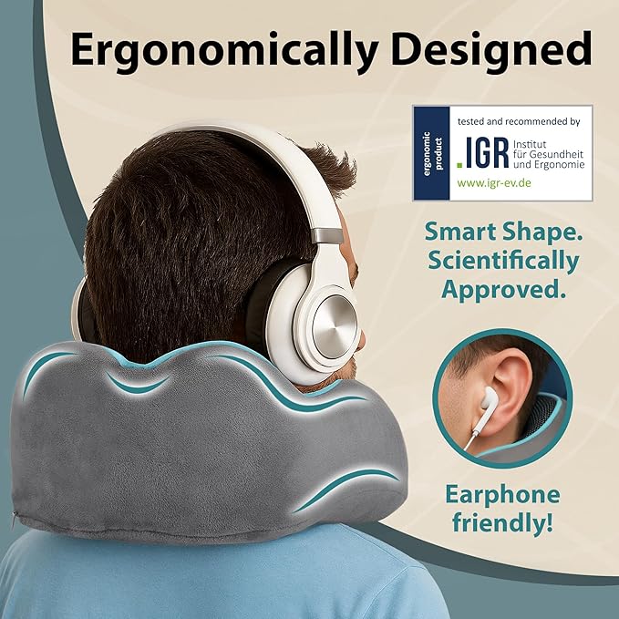 Memory Foam Travel Pillow for Airplanes & Car Rides - Adjustable Airplane Pillow with 360° Chin and Neck Support for Comfy Naps, Extra-Soft Washable Neck Pillow Cover, Squeezy Mesh Bag - Grey