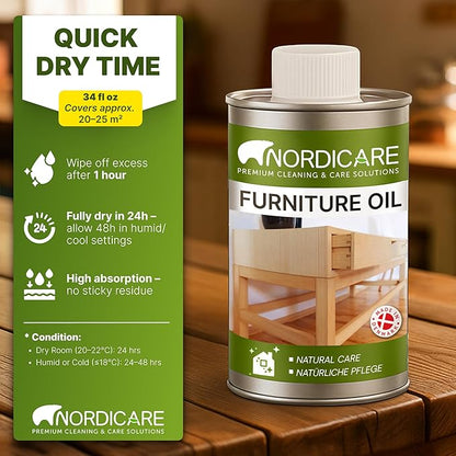 Nordicare Wood Oil Colorless - Premium Walnut Oil, Teak Oil, Wood Oil Furniture for Oak, Beech, Teak, Walnut, Pine, Larch - Natural Furniture Wood Oil - Made in Denmark - for Indoor Use (34 oz)