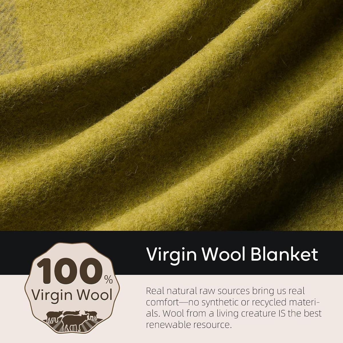 100% Wool Blanket, 62" x 86", Warm, Thick, Washable, Military Wool Blanket, Great for Camping, Outdoors, Sporting Events, Survival Kits