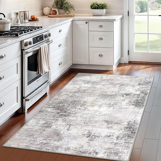 IOHOUZE Abstract Area Rug 4x6 Ft Washable Rugs for Entryway Indoor, Non Slip Small Living Room Rugs Printed Faux Wool Throw Rug, Floor Carpet for Kitchen Nursery Playroom, Grey Beige