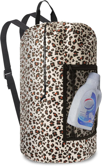 Laundry Bag Backpack Durable Laundry Bag with Shoulder Straps and Mesh Pockets Portable Laundry Dirty Clothes Hamper Bag for College Dorm (Leopard Print)