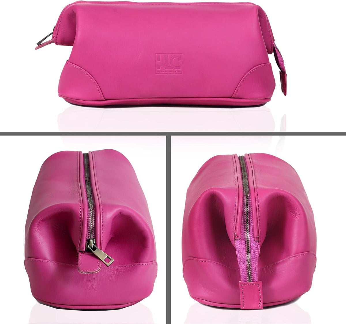 HLC Leather Toiletry Bag for Men - Best Gift for Men - Premium Genuine Leather Dopp Kit Shaving Kit Organizer Travel Kit Pouch Bag for Men - Large Size (pink)