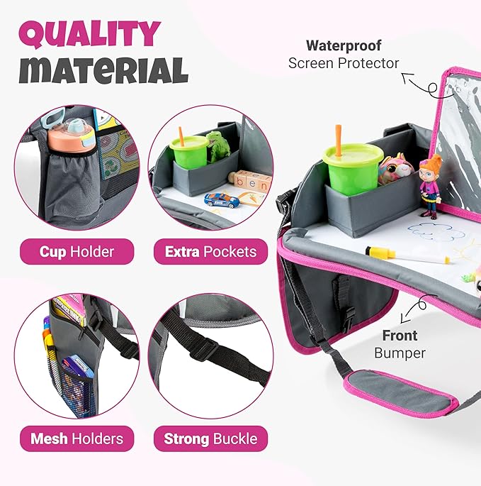 Kids Travel Tray with Dry Erase Board - Car Seat Tray for Kids Travel, Carseat Table Top for Toddler, Lap Desk for Car Seat, Activity Organizer & Snack Holder, Road Trip Essentials for Kid (Pink)