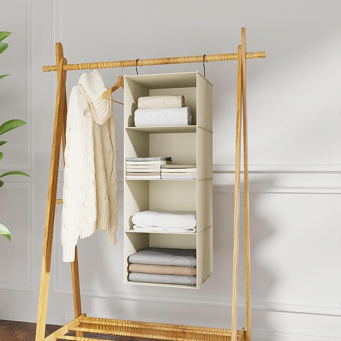 Hanging Closet Organizer, Easy Mount Foldable 4-Shelf Hanging Closet Wardrobe Storage Shelves, Clothes Handbag Shoes Accessories Storage, Washable Oxford Cloth Fabric, Beige