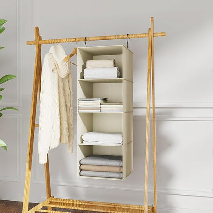 Hanging Closet Organizer, Easy Mount Foldable 4-Shelf Hanging Closet Wardrobe Storage Shelves, Clothes Handbag Shoes Accessories Storage, Washable Oxford Cloth Fabric, Beige