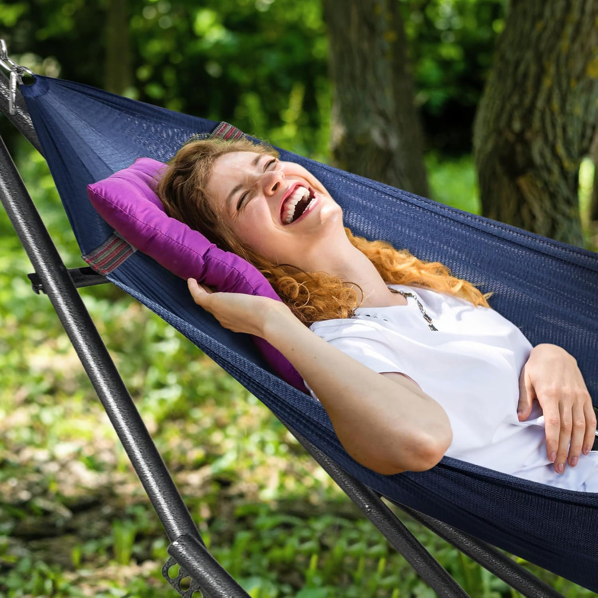 Tranquillo Universal Double Hammock with Stand Included for 2 Persons/Foldable Hammock Stand 600 lbs Capacity Portable Case - Inhouse, Outdoor, Camping, Aegean