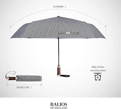 Balios (Designed in UK) Travel Umbrella Luxurious Golden Hardwood Handle Auto Open & Close Windproof Frame Single Canopy Automatic Folding Umbrella Men's & Ladies