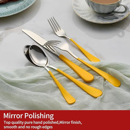 20-Piece Yellow Silverware Set 18/0 Stainless Steel Flatware Yellow Handle Cutlery Set Service for 4 Dinner Knives Forks Spoons Set Mirror Finish Dishwasher Safe