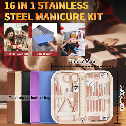 Manicure Set 16Pcs Professional Stainless Steel Pedicure Kit Mens Grooming Kit Fingernail & Toenail Clippers Set Manicure Kit with Luxurious Travel Bag, Sharp Nail Scissors and Clipper (Pink)