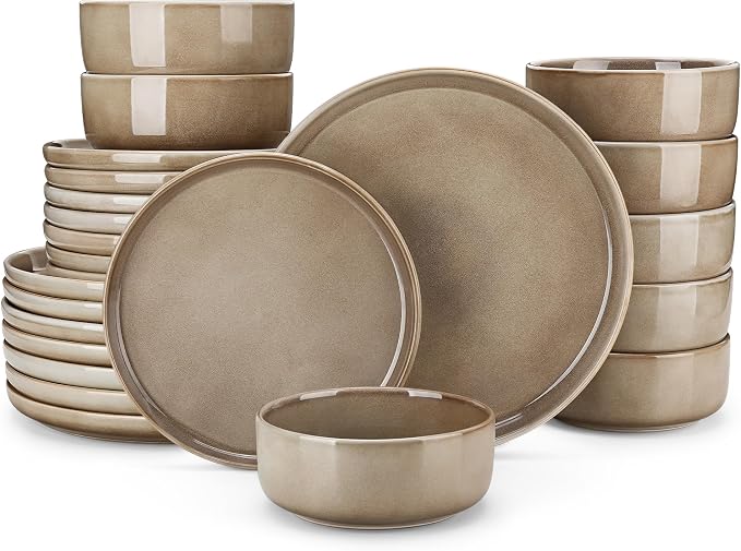 vancasso PLAYA Plates and Bowls Sets, 24 Pieces Dark Brown Dinnerware Sets