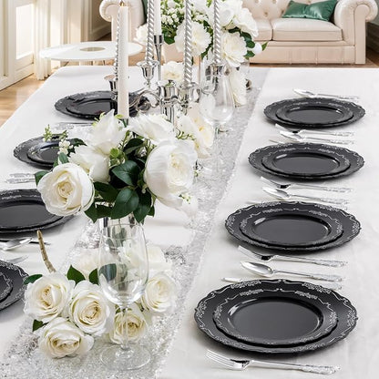 DaYammi 60PCS Black and Silver Plastic Plates, Heavy Duty Black and Silver