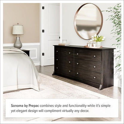 Prepac Sonoma 6-Drawer Double Dresser for Bedroom, Wide Chest of Drawers, Traditional Bedroom Furniture, 59" wide x 17.5" deep x 29" tall, Washed Black