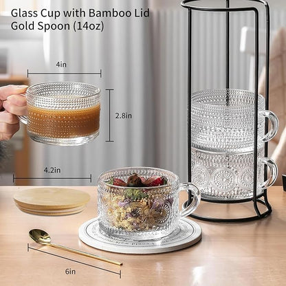 4pcs Vintage Glass Coffee Mugs Cups, Overnight Oats Containers Glass Cups Mugs with Bamboo Lids and Spoons - 14oz Clear Embossed Glass Cups, Cute Iced Coffee Glasses Gifts for women.