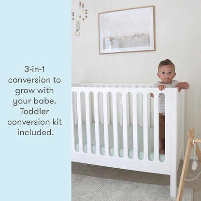 Newton Baby Galileo Standard Crib, Solid Beech Wood in White Color, 3-in-1 Convertible Crib with Toddler Bed Conversion Kit, Ultra-Safe Non-Toxic Finish