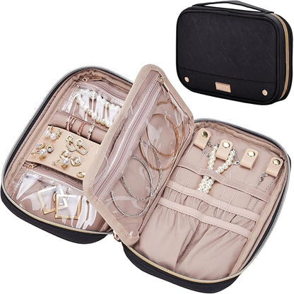 NISHEL Travel Jewelry Case, Holiday Organizer for Necklaces, Earrings, Rings, Bracelets, Watch, Black