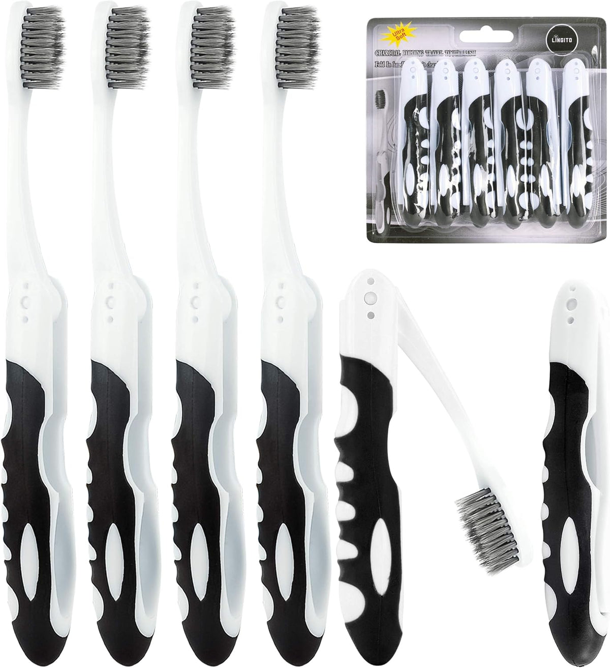 Lingito Folding Toothbrush with Built-in Cover - Travel Size, Collapsible, Soft-Charcoal (6 Pack)