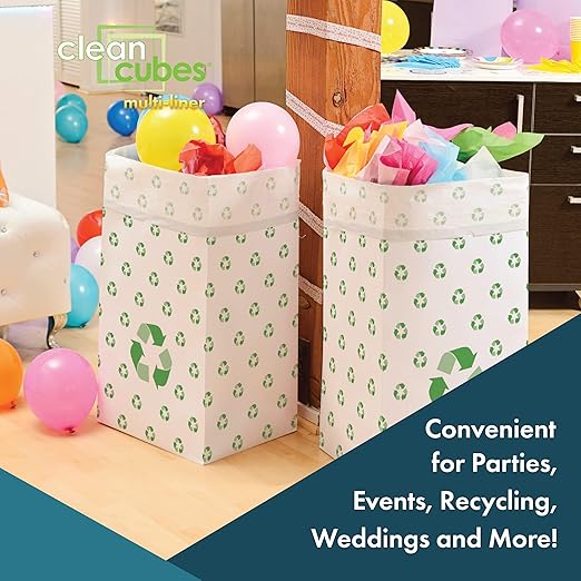30 Gallon Disposable Pop-Up Trash Cans (3-Pack, Multi-Liner) with Fitted Bags – Foldable Garbage & Recycling Bins for Parties, Events & Kitchen (Recycle 30" H x 14" W x 17" D)