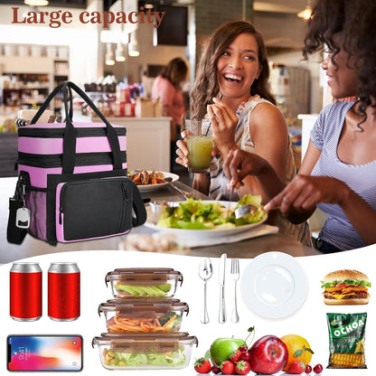 Insulated Lunch Bag Women | Large Adult Lunch Box | Double-Layer Reusable Lunch Bags | Leak-Proof Tote Cooler Bag for Work Picnic Outdoors | 16L, Pink