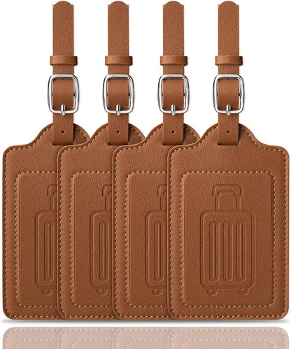 Teskyer Luggage Tags for Suitcases, TSA Approved with Privacy Protection Cover, Premium Faux Leather Bag Tags for Travel - 4 Pack, Brown