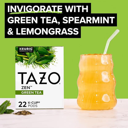 TAZO Organic Zen Green Tea K-Cups, Caffeine Free Tea with Refreshing Lemongrass & Spearmint, 22 Pods