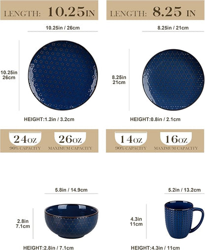 MALACASA 16 Pieces Dinnerware Sets, Farmhouse Plates and Bowls Sets, Embossed