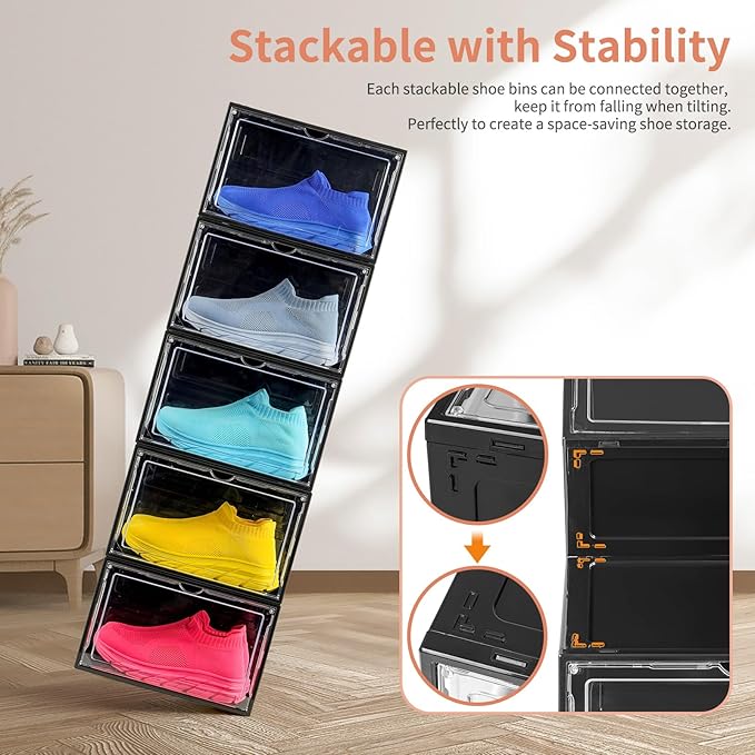 12 Pack Black Shoe Boxes Stackable,Large Shoe Storage Organizer with Magnetic Door,Drop Side Shoe Containers for Entryway,Sneaker Storage Fit up to US Size 12 for Men/Women(13’’x 10.62”x 8.26”