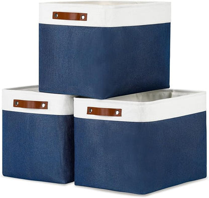DULLEMELO Large Storage Baskets with Leather Handles for Linen Closet and Home Office, Decorative Baskets for Toys Storage (White & Blue)