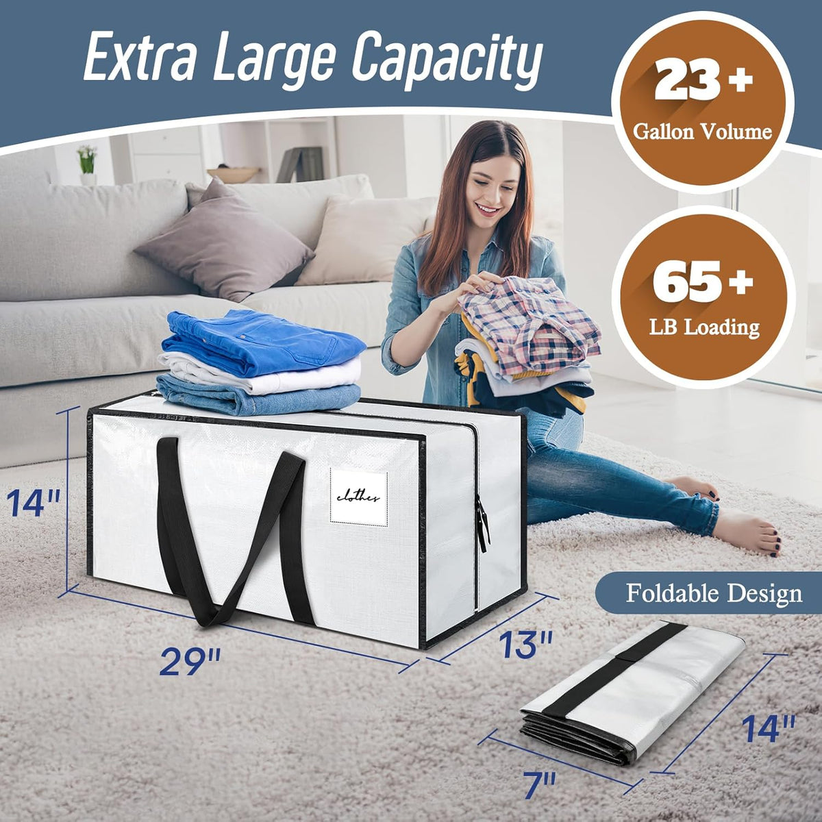 12 Pack Extra Heavy Duty Large Moving Bags with Strong Zipper & Comfortable Handles, Sturdy & Durable Clothes Storage Bags Totes Bins, Packing Moving Boxes for College Supplies, White