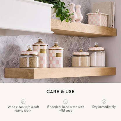 MACKENZIE-CHILDS Rosy Check Kitchen Canister, Decorative Pink-and-White Glass Storage Jar with Lid, Medium