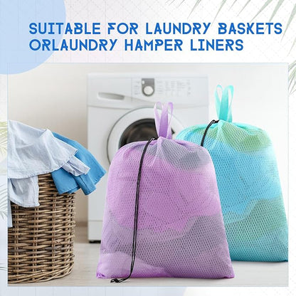 6 Pack 20 x 17 Inches Colorful Mesh Laundry Bag with Handles Machine Washable Secure Drawstring Closure Large Sturdy Mesh Net Laundry for College Travel Dorm Laundromat