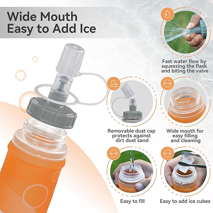 MARCHWAY Soft Hydration Flask with Wide Mouth, 300ml/500ml Collapsible TPU Water Bottle, Leakproof Portable Flexible for Running, Hiking, Cycling, Climbing, Gym, Travel (2pcs Orange 300ml)