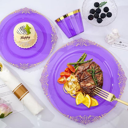 Bestluck 350PCS Purple Disposable Dinnerware